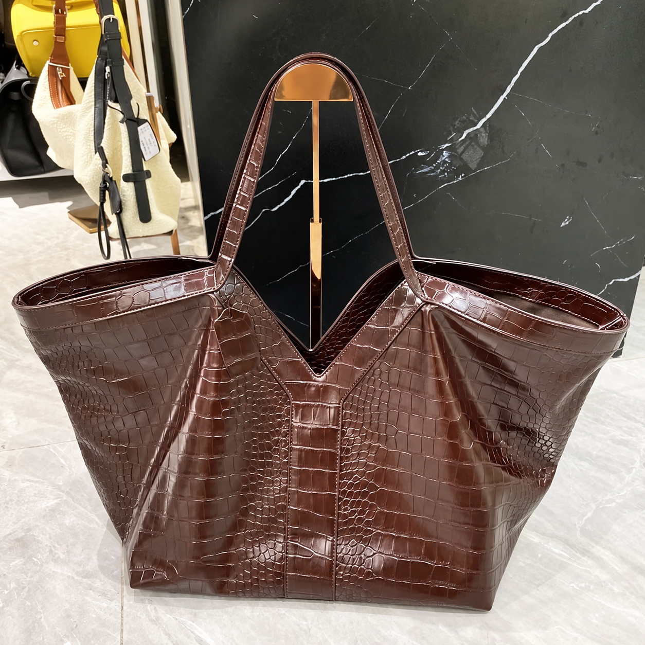 Oversized Croc Embossed Vegan Leather Tote Bag