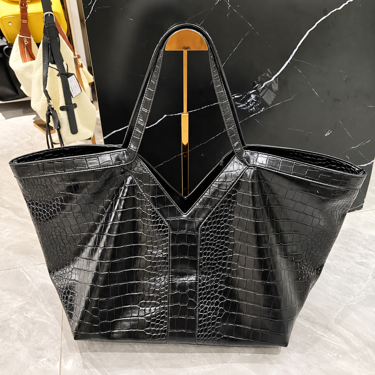 Oversized Croc Embossed Vegan Leather Tote Bag