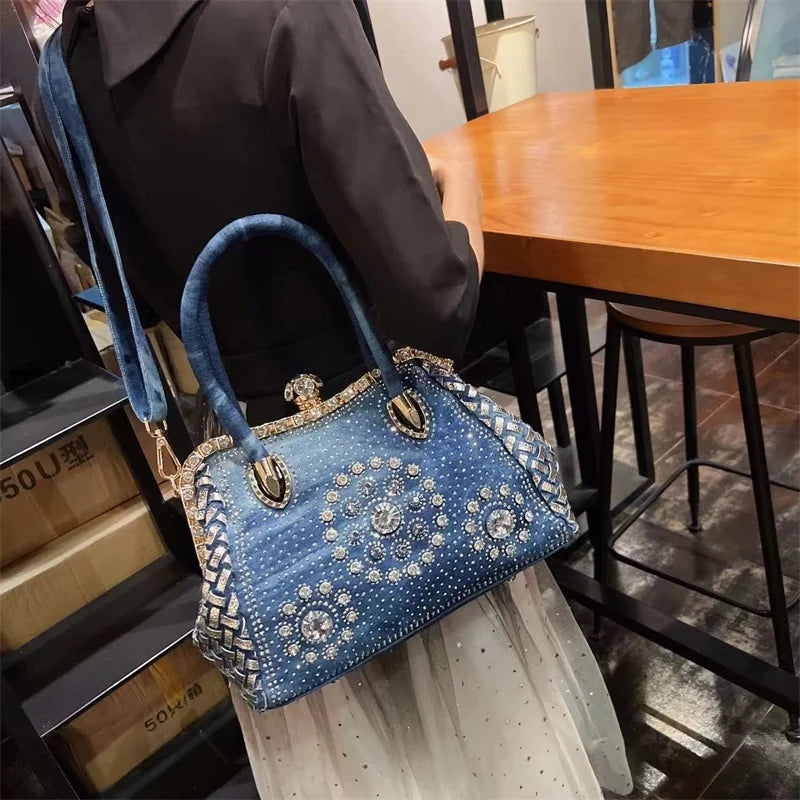 Denim-rhinestones shoulder bag