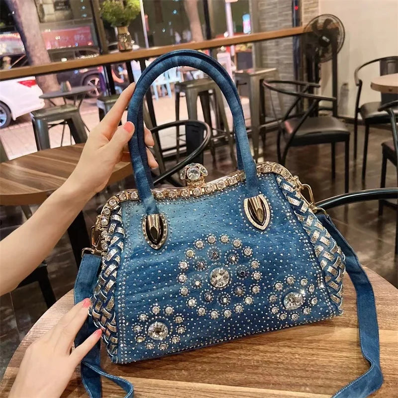 Denim-rhinestones shoulder bag
