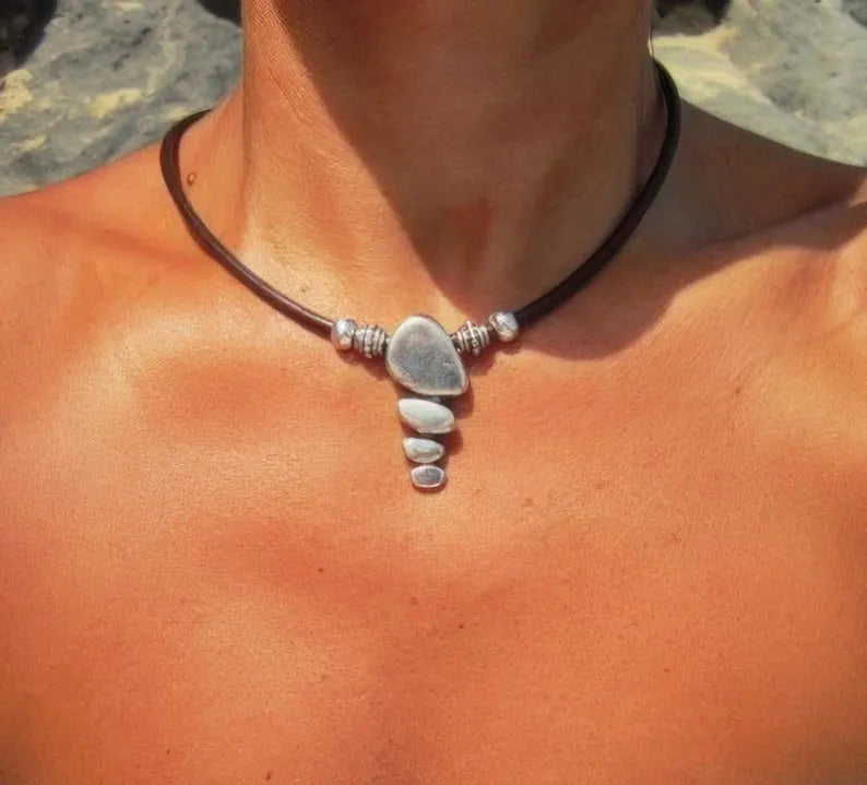 Leather Choker Necklace with Silver Pendant