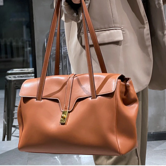 Leather Shoulder Tote – Smooth Calfskin Travel Handbag with Lock Closure