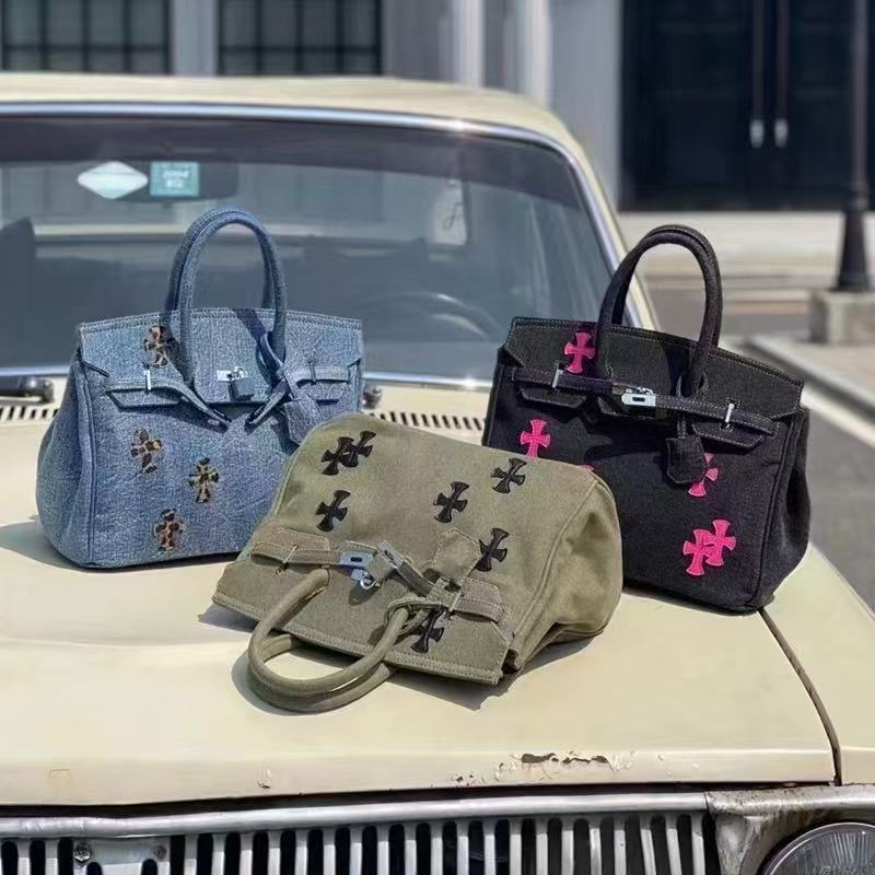 Denim Cross Embroidered Tote Bag