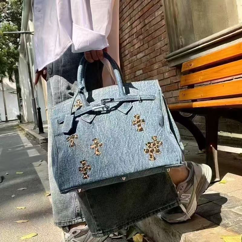 Denim Cross Embroidered Tote Bag
