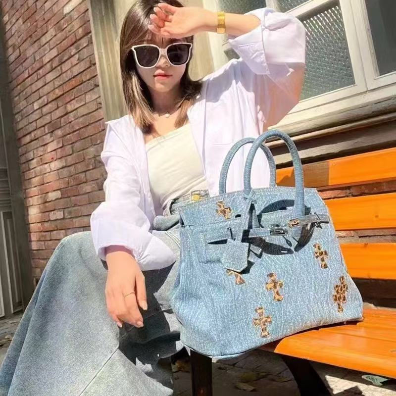 Denim Cross Embroidered Tote Bag