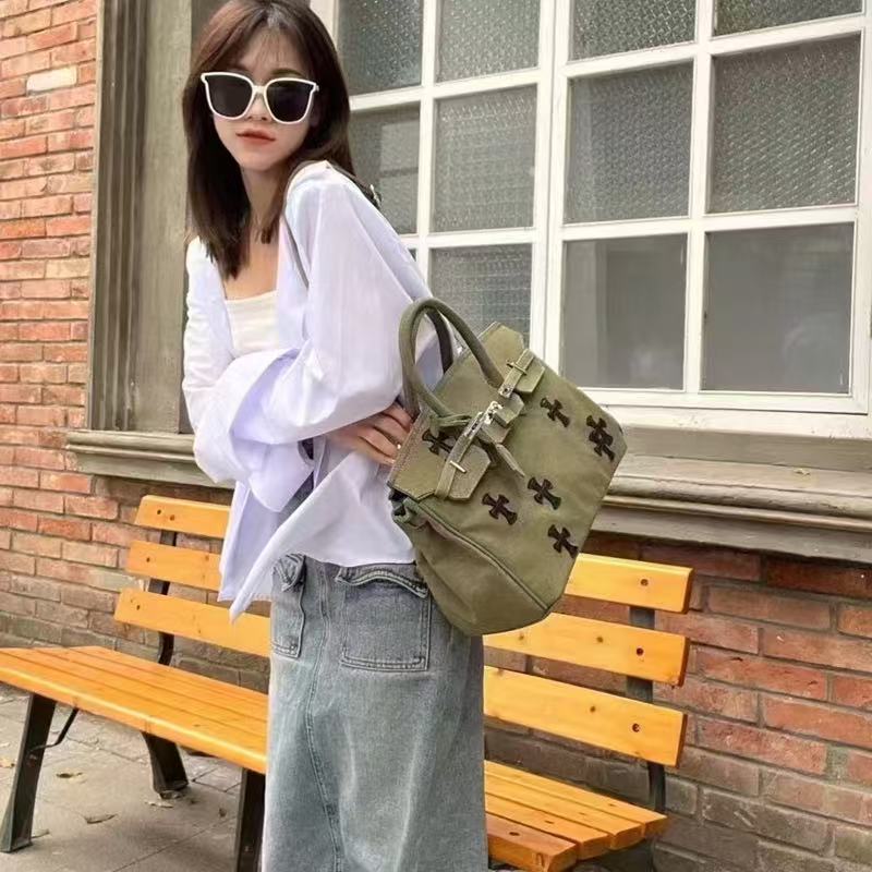Denim Cross Embroidered Tote Bag