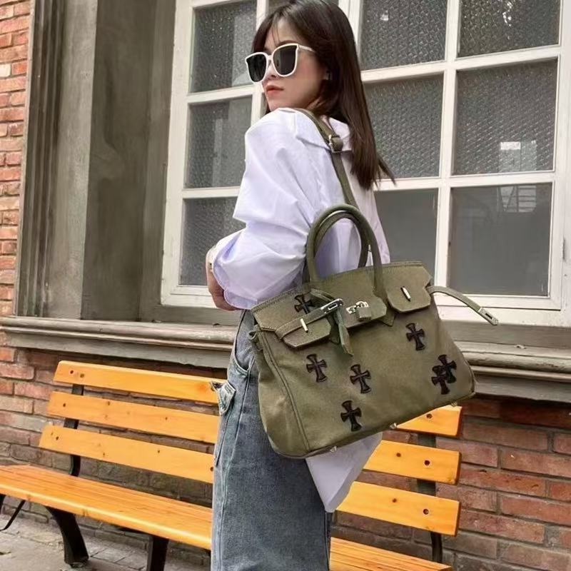 Denim Cross Embroidered Tote Bag