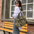 Denim Cross Embroidered Tote Bag