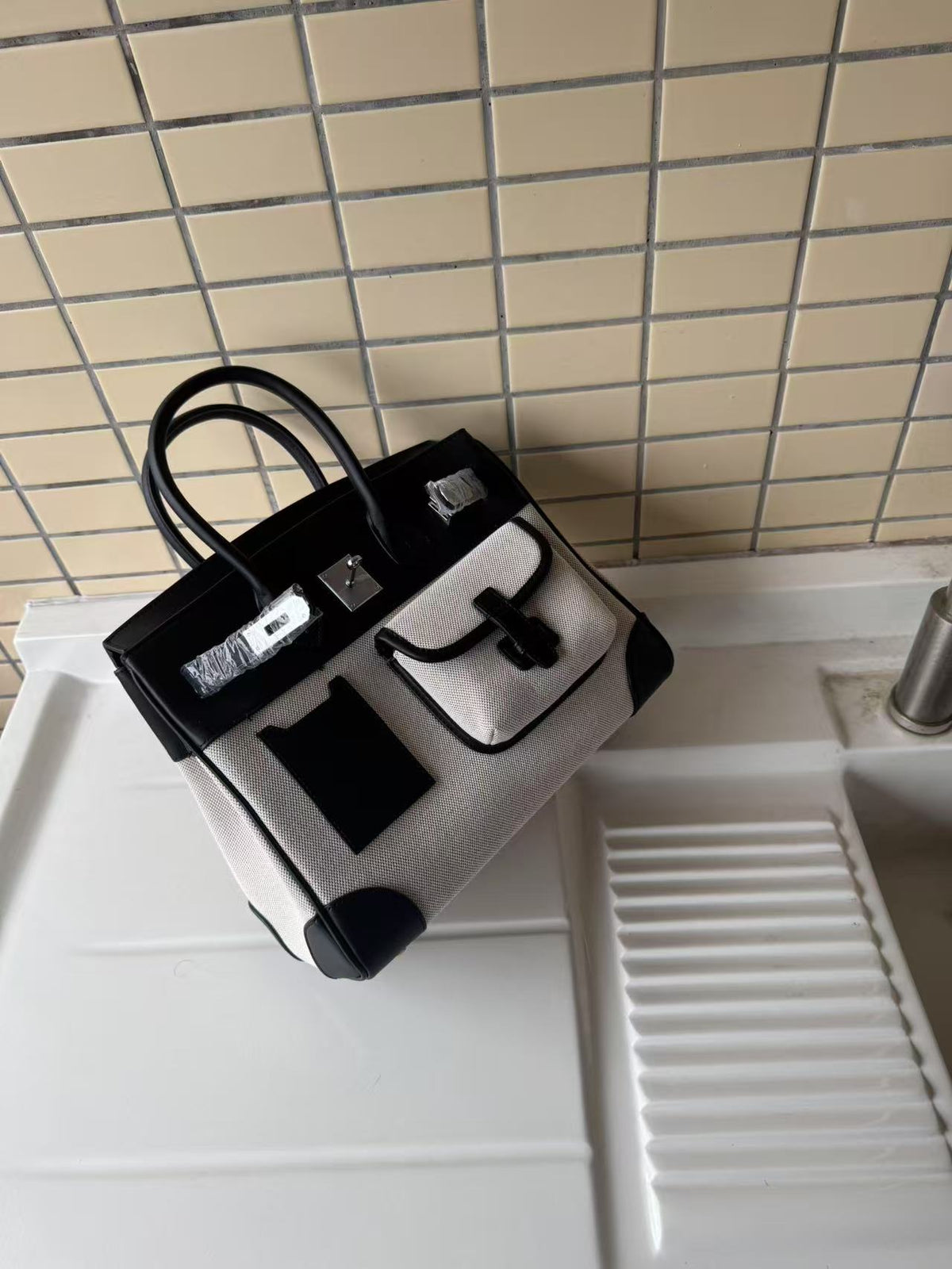 Canvas &amp; Leather Contrast Tote Bag
