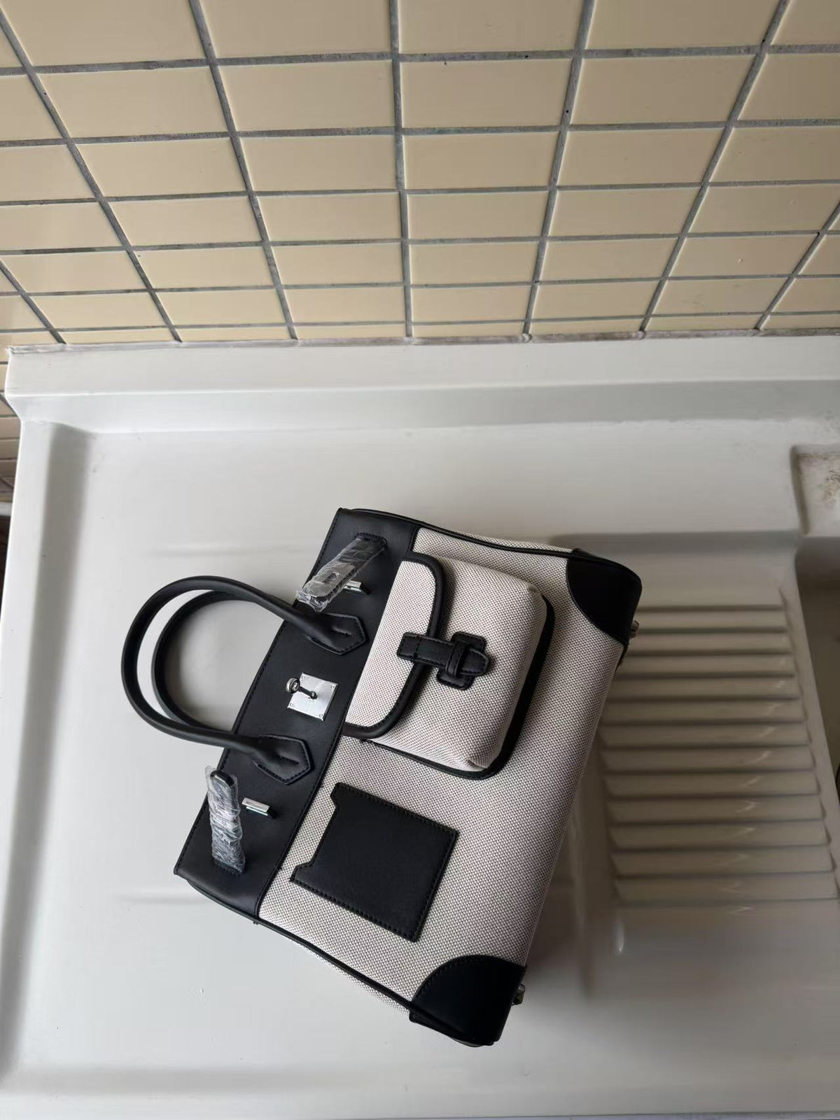 Canvas &amp; Leather Contrast Tote Bag