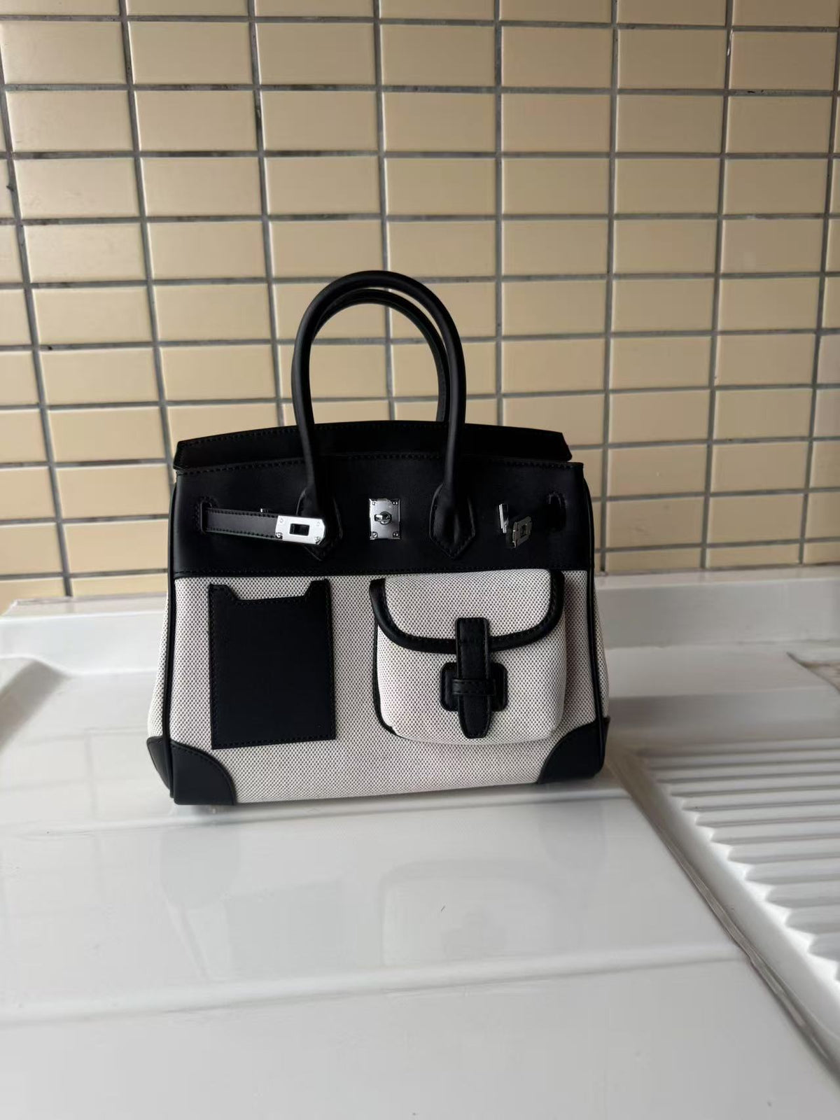 Canvas &amp; Leather Contrast Tote Bag