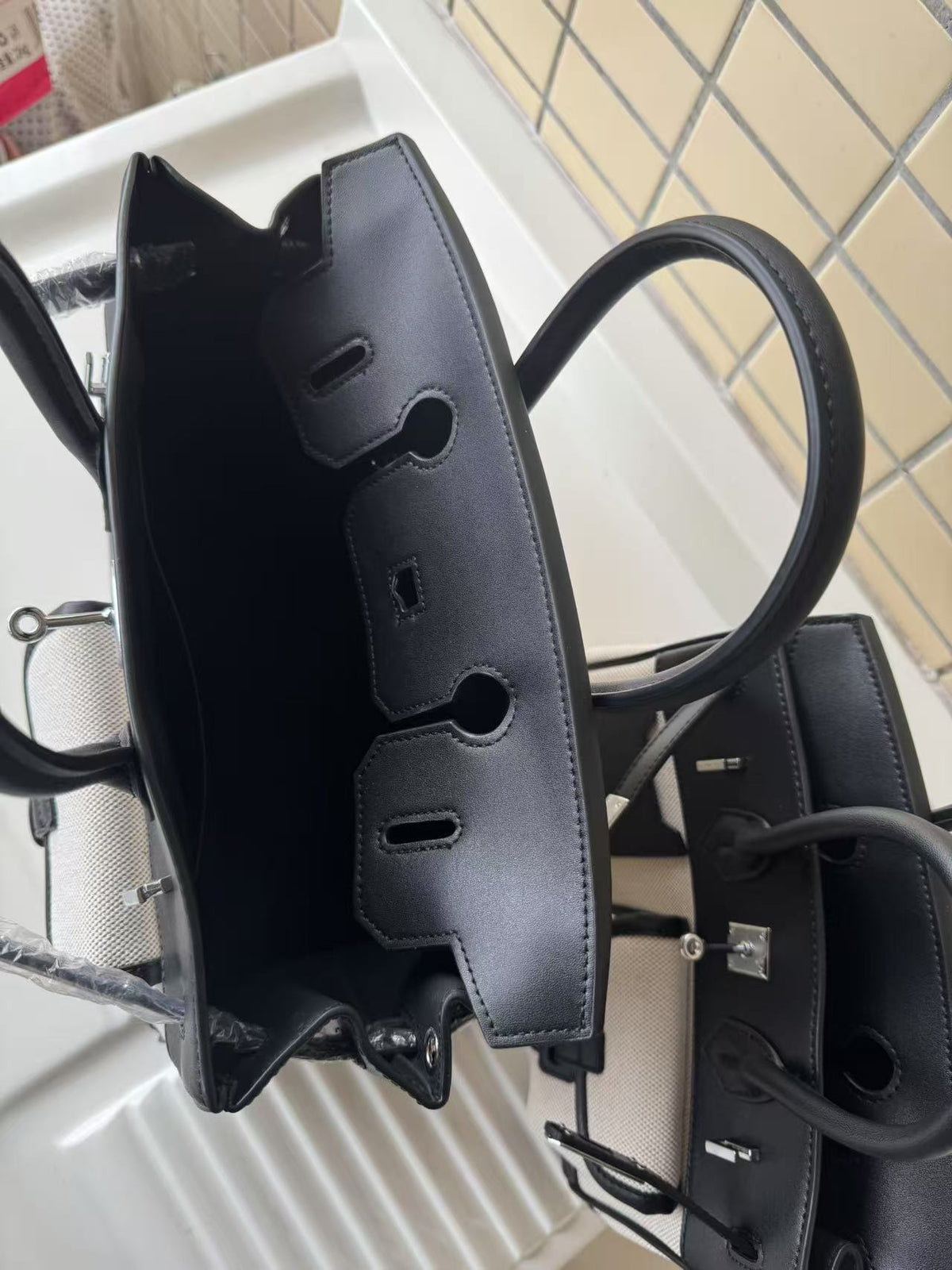 Canvas &amp; Leather Contrast Tote Bag
