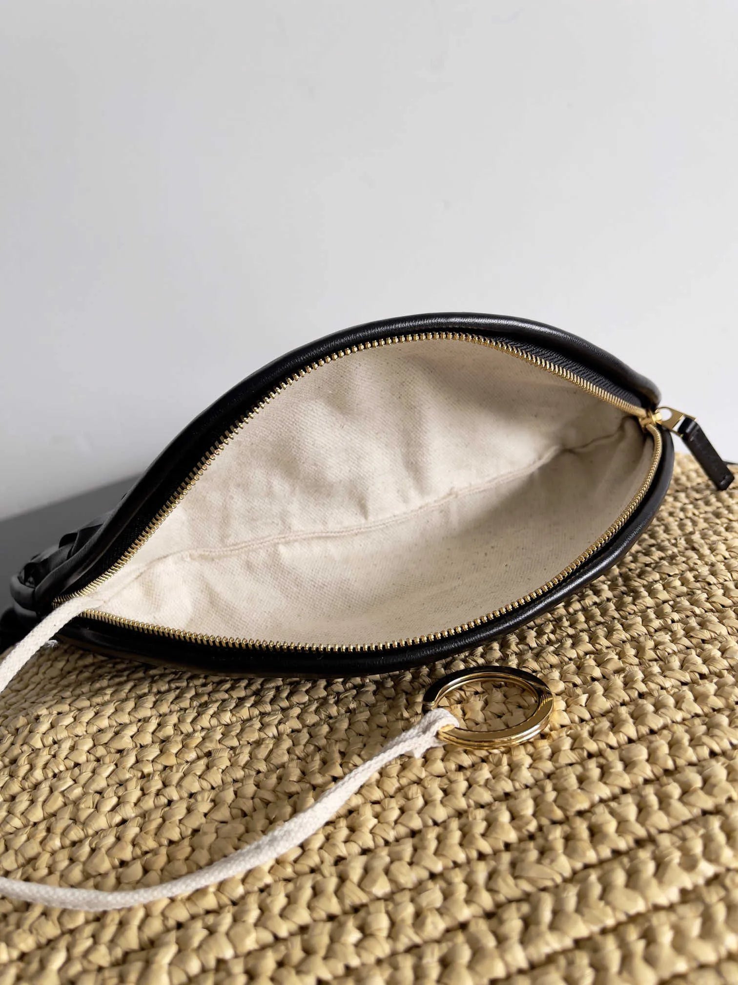 Leather Trim Straw Bag