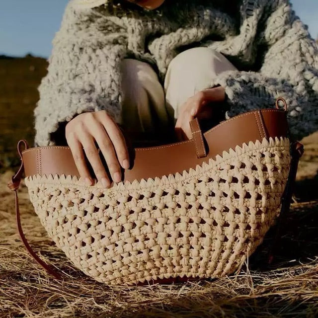 Woven Raffia &amp; Leather Shoulder Bag – Summer Edition