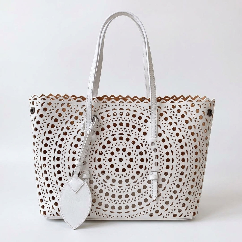 Laser-Cut Cowhide Leather Tote by Christina Shiefer