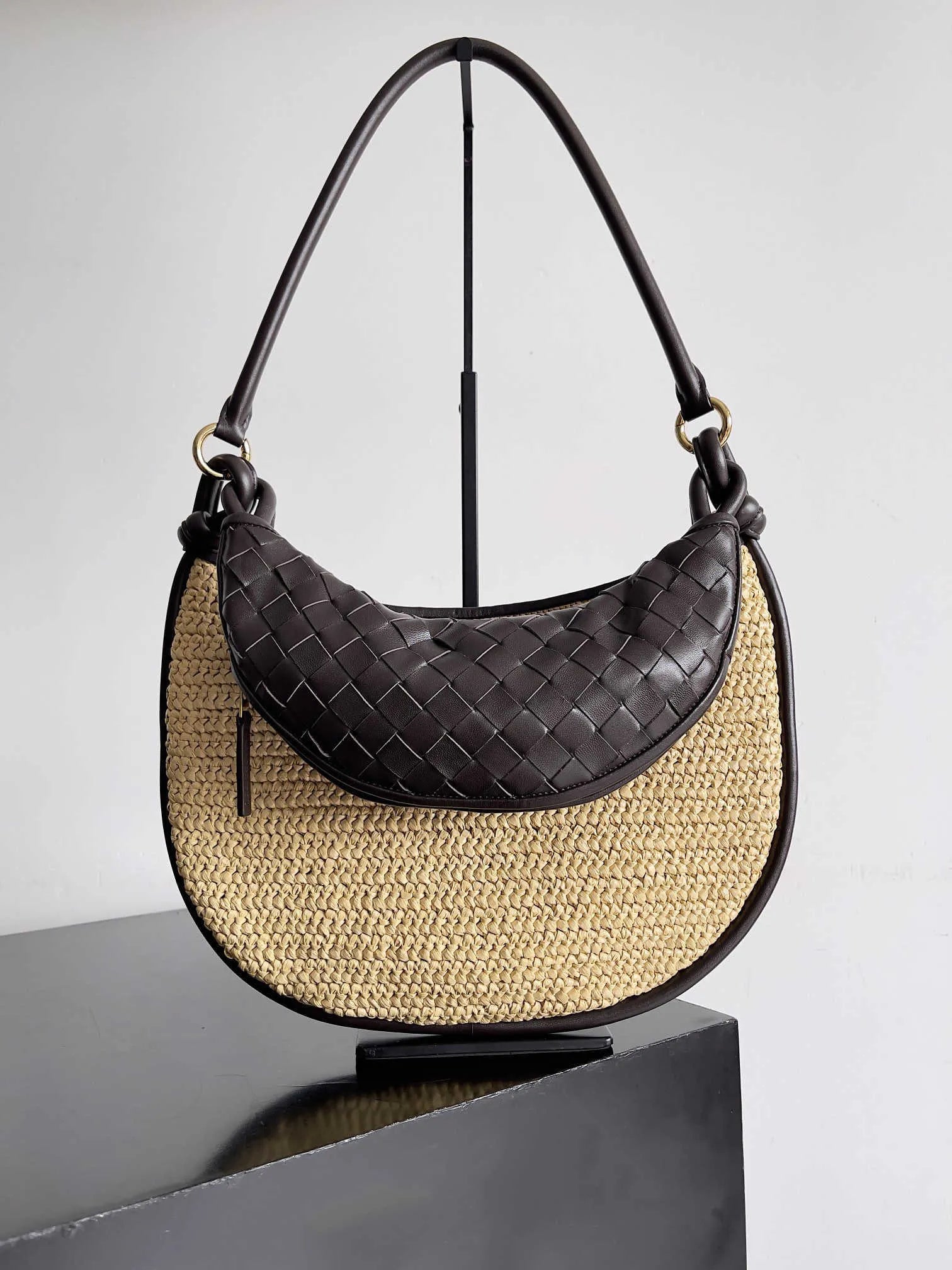 Leather Trim Straw Bag
