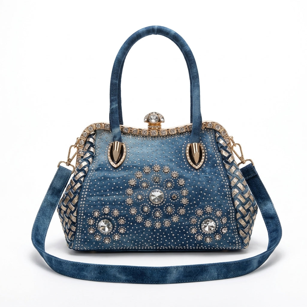 Leather Trim Denim Rhinestone Bag by Christina Shiefer