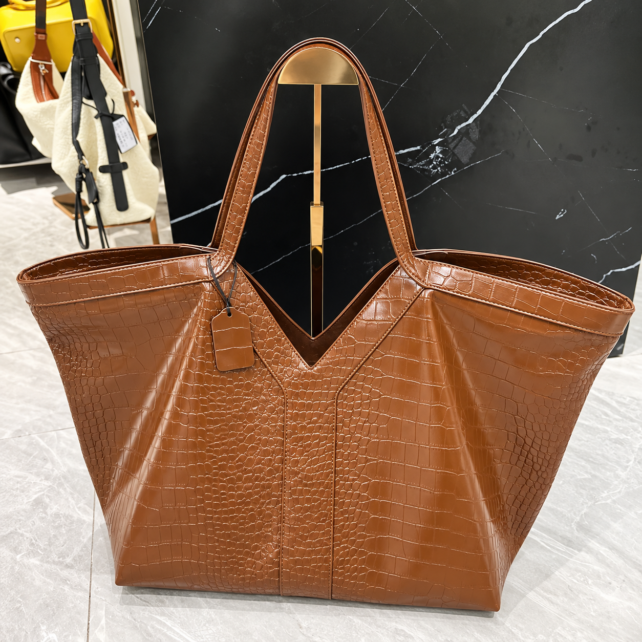 Oversized Croc Embossed Vegan Leather Tote Bag