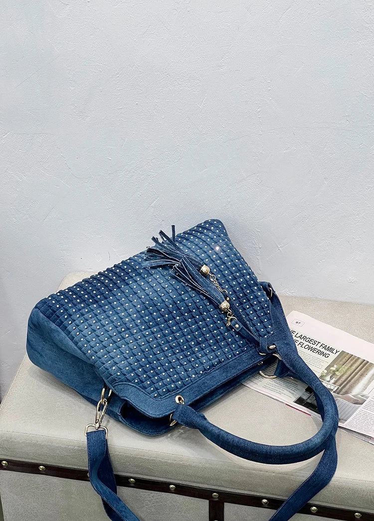 Denim Rhinestone-Tassel bag