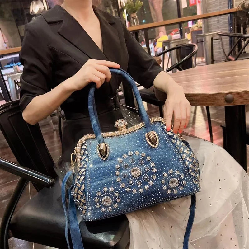 Denim-rhinestones shoulder bag