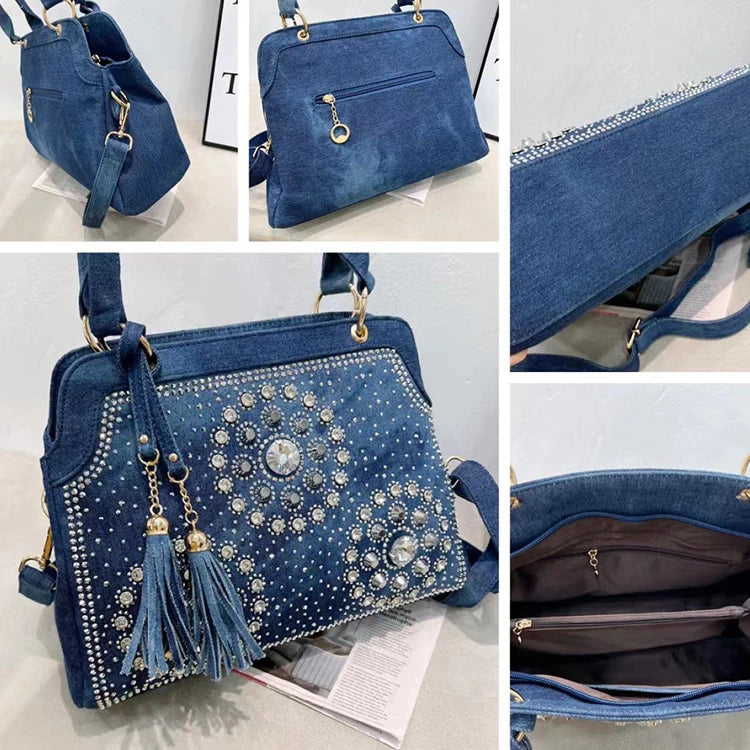 Denim Rhinestone-Tassel bag