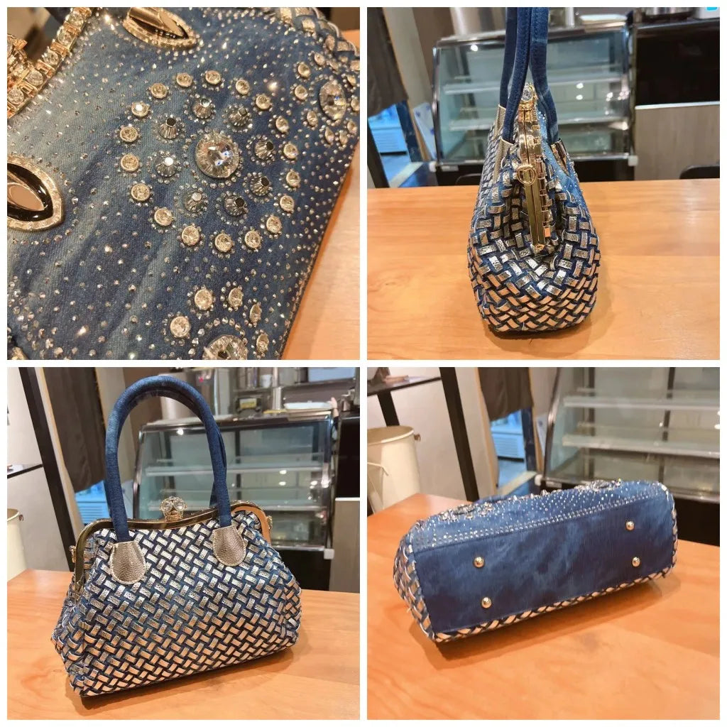 Denim-rhinestones shoulder bag