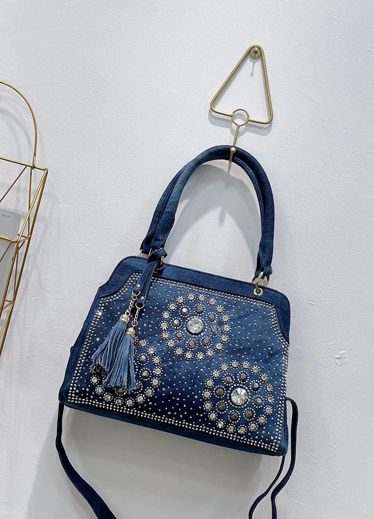 Denim Rhinestone-Tassel bag