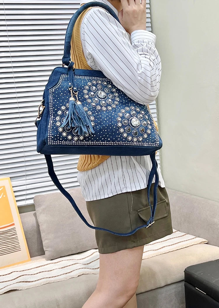 Denim Rhinestone-Tassel bag