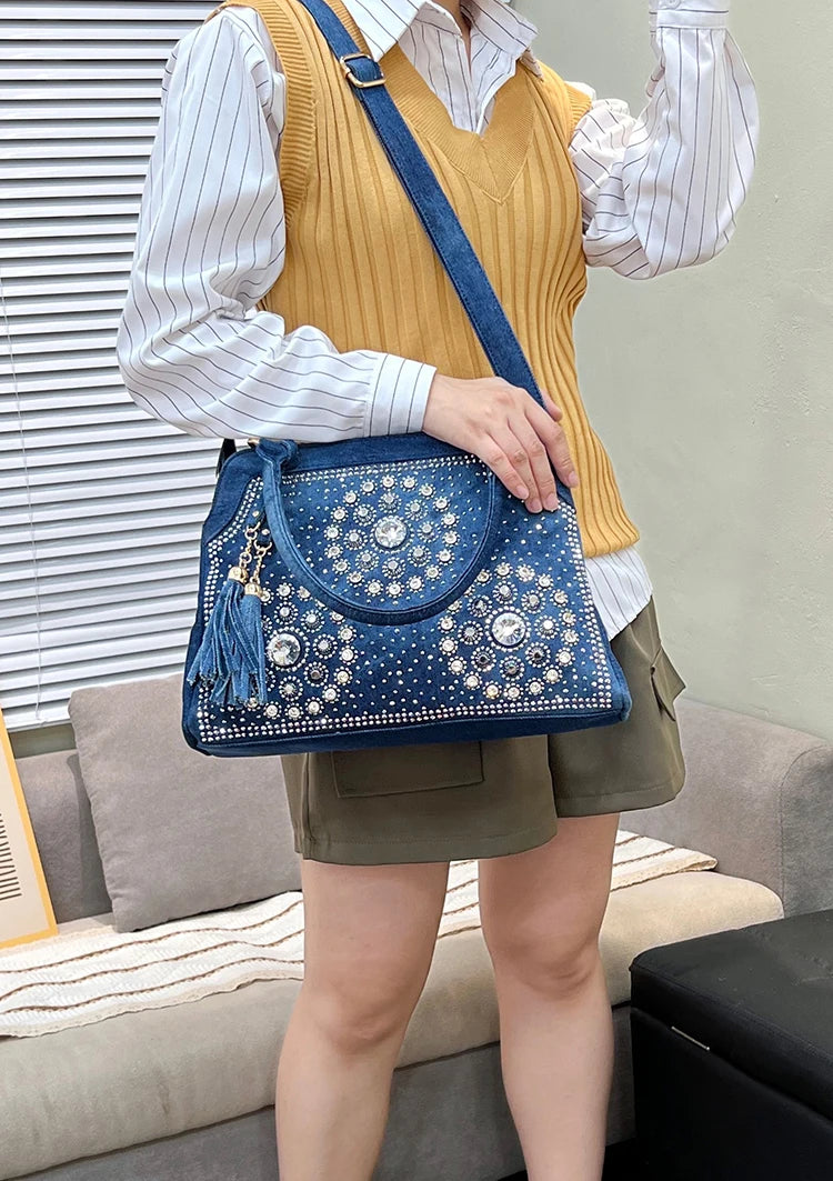 Denim Rhinestone-Tassel bag