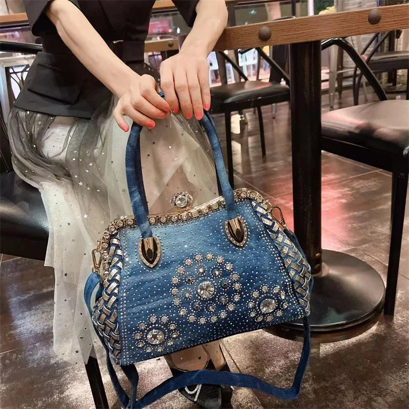 Denim-rhinestones shoulder bag