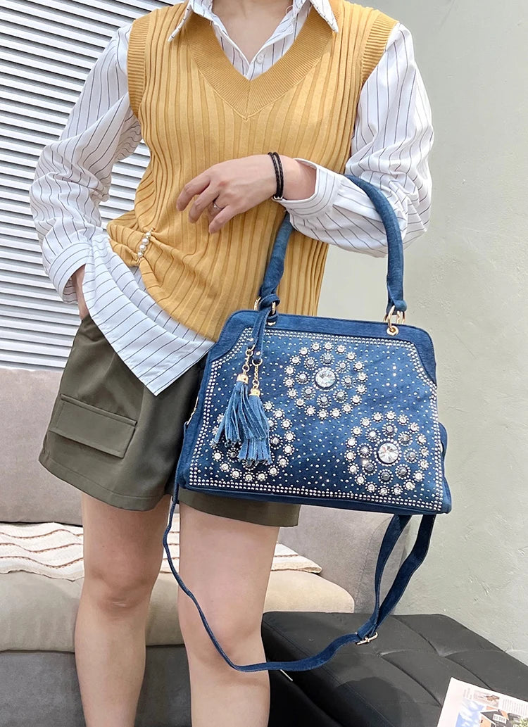 Denim Rhinestone-Tassel bag