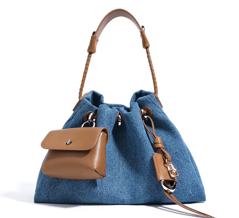 Denim-Leather Drawstring Shoulder Bag