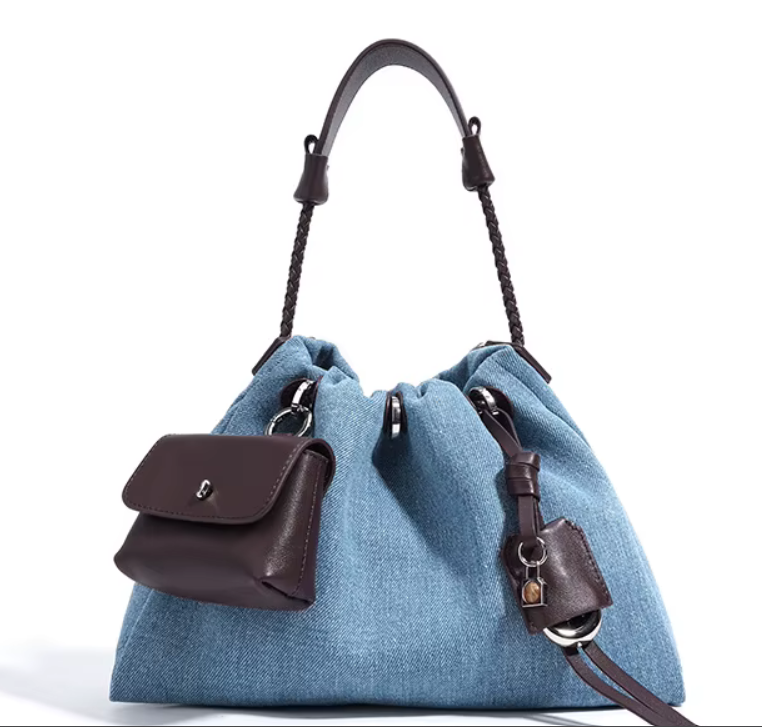 Denim-Leather Drawstring Shoulder Bag