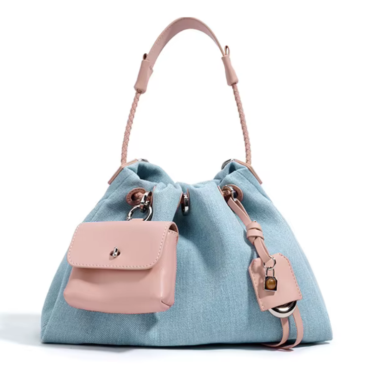 Denim-Leather Drawstring Shoulder Bag