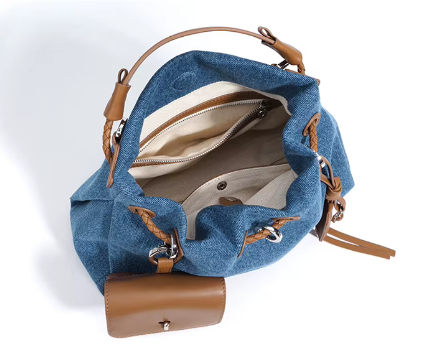 Denim-Leather Drawstring Shoulder Bag