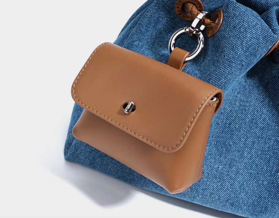 Denim-Leather Drawstring Shoulder Bag