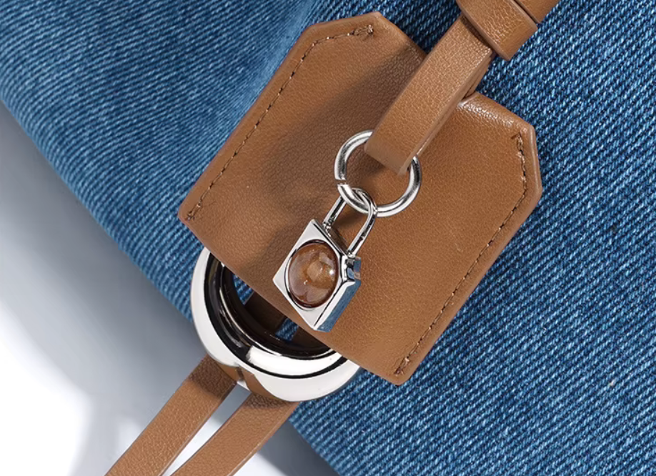 Denim-Leather Drawstring Shoulder Bag