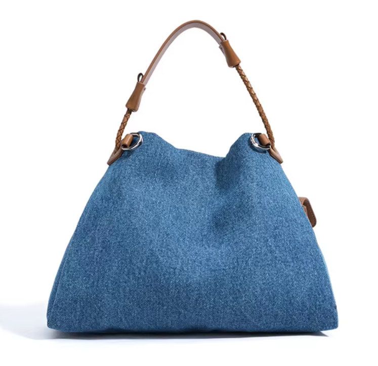 Denim-Leather Drawstring Shoulder Bag