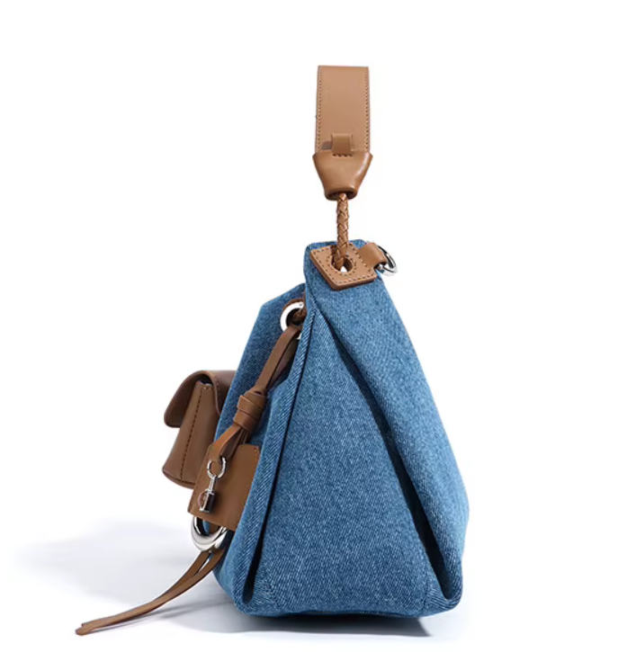 Denim-Leather Drawstring Shoulder Bag