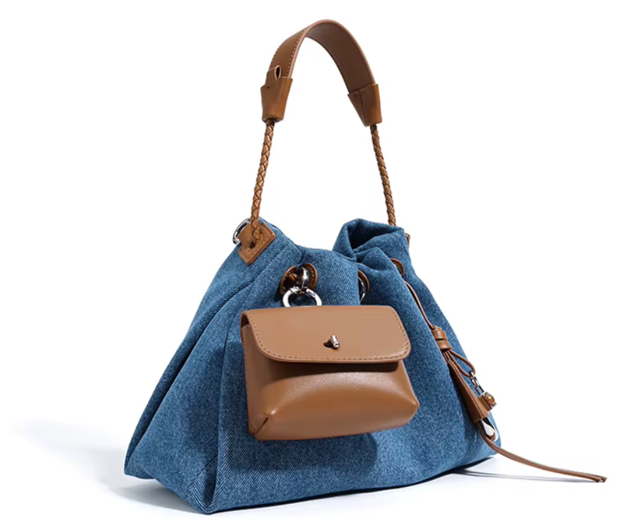 Denim-Leather Drawstring Shoulder Bag