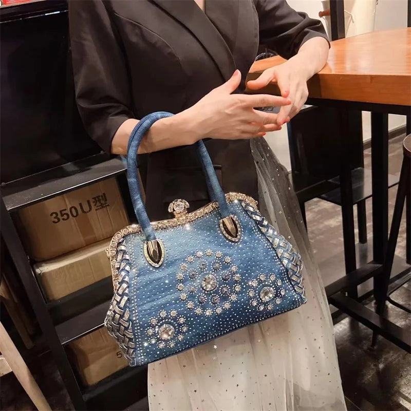 Denim-rhinestones shoulder bag