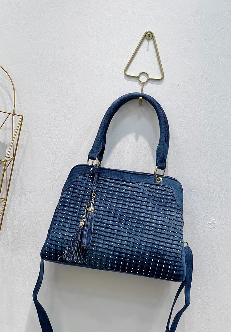 Denim Rhinestone-Tassel bag