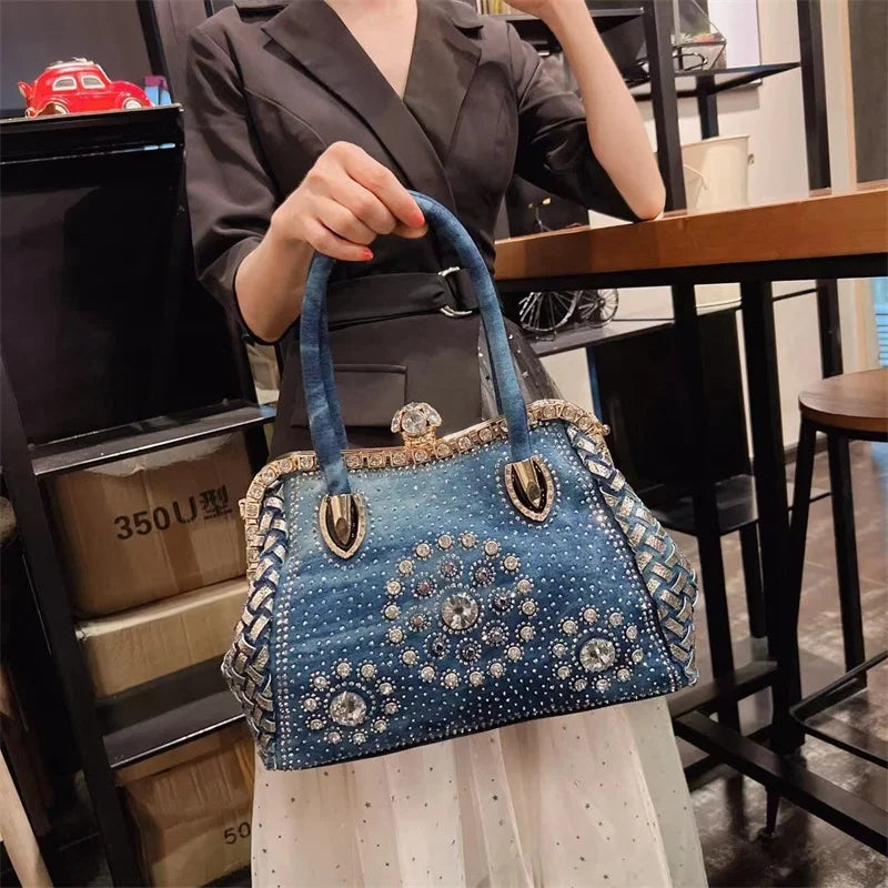 Denim-rhinestones shoulder bag