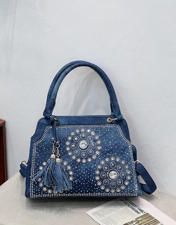 Denim Rhinestone-Tassel bag