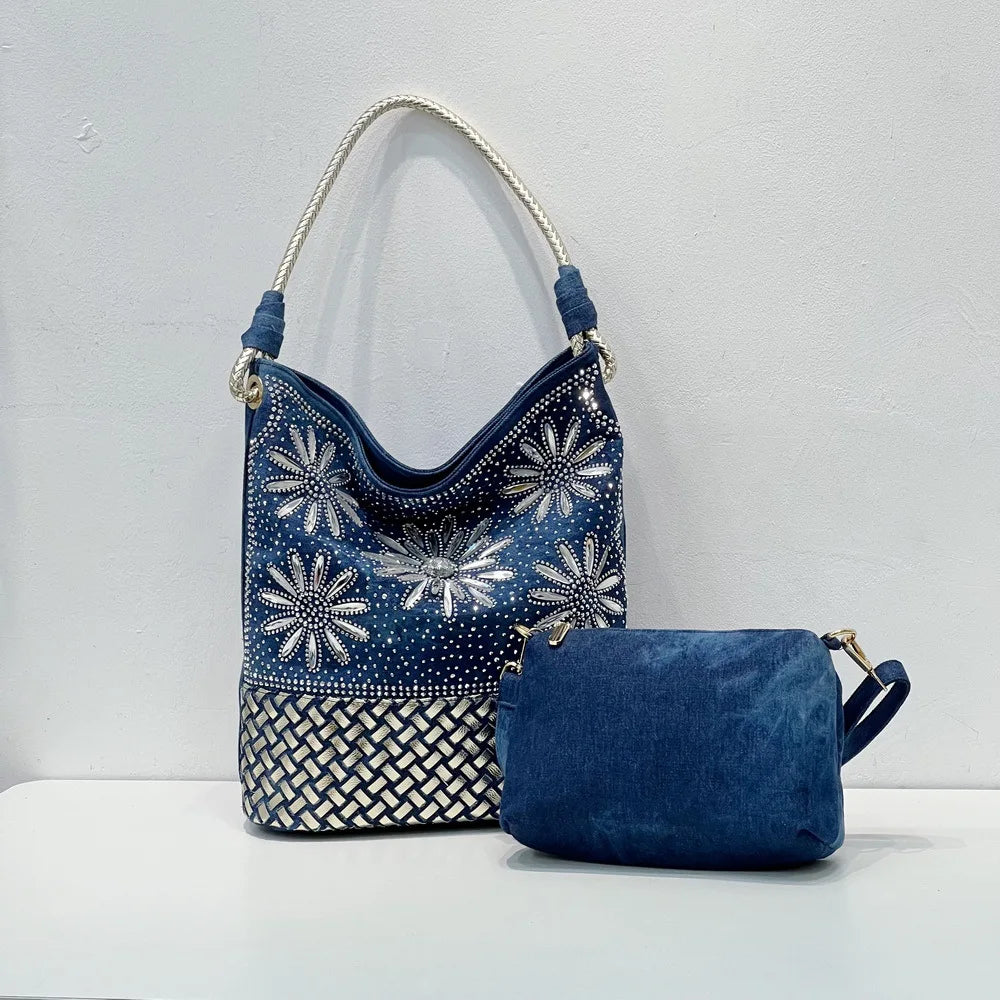 Vintage Denim Rhinestone Tote bag