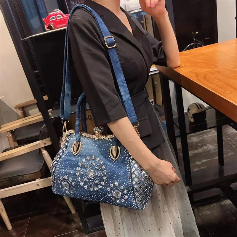 Denim-rhinestones shoulder bag