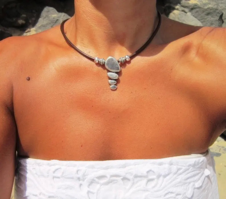 Leather Choker Necklace with Silver Pendant