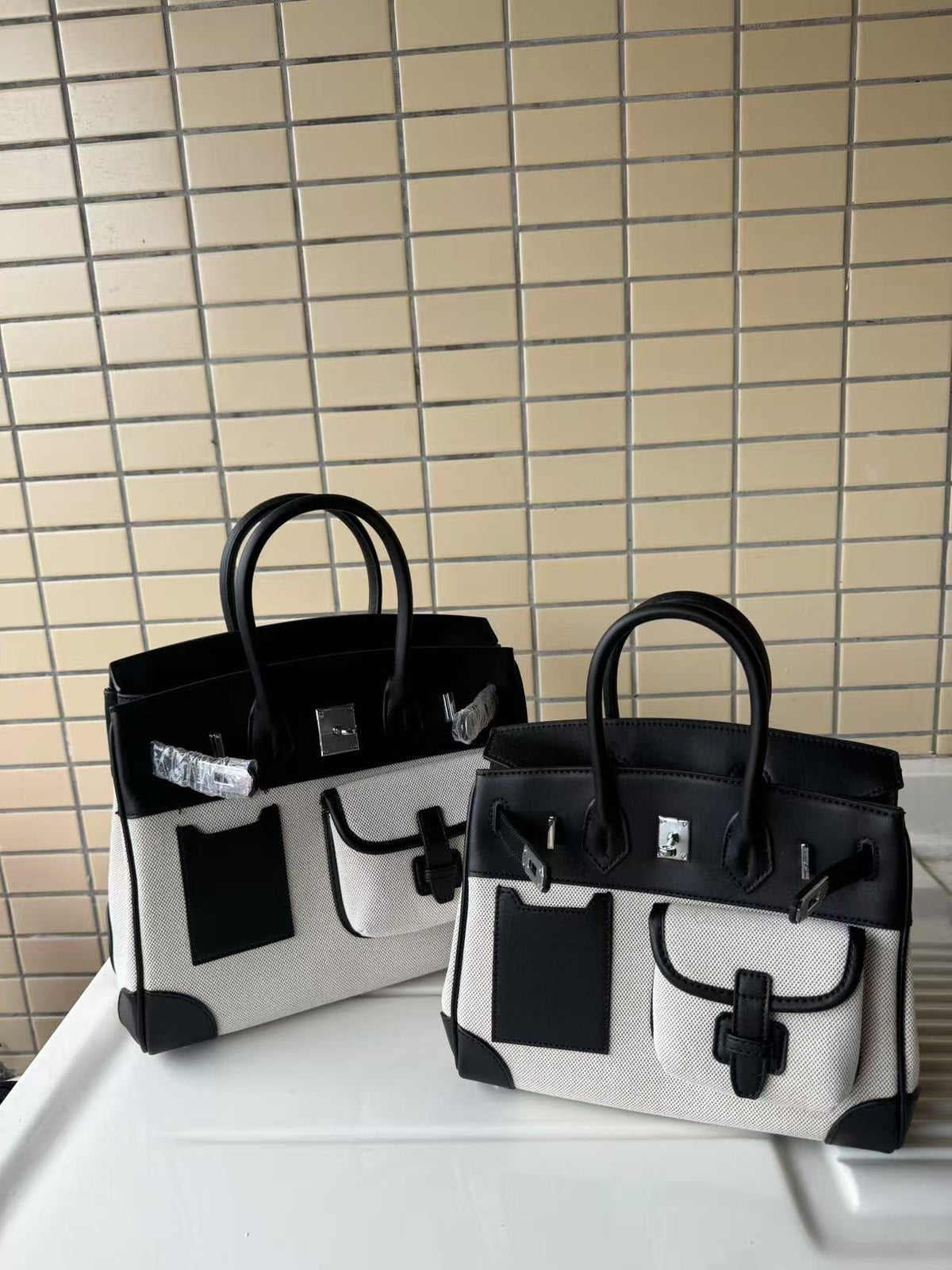 Canvas &amp; Leather Contrast Tote Bag